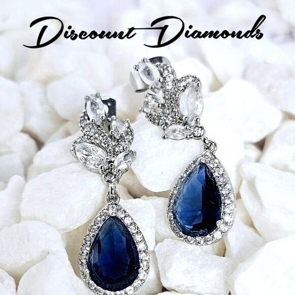 Blue Sapphire & White Baguette Diamond Drop Stud Earrings 925  Silver - Women's - Picture 2 of 9